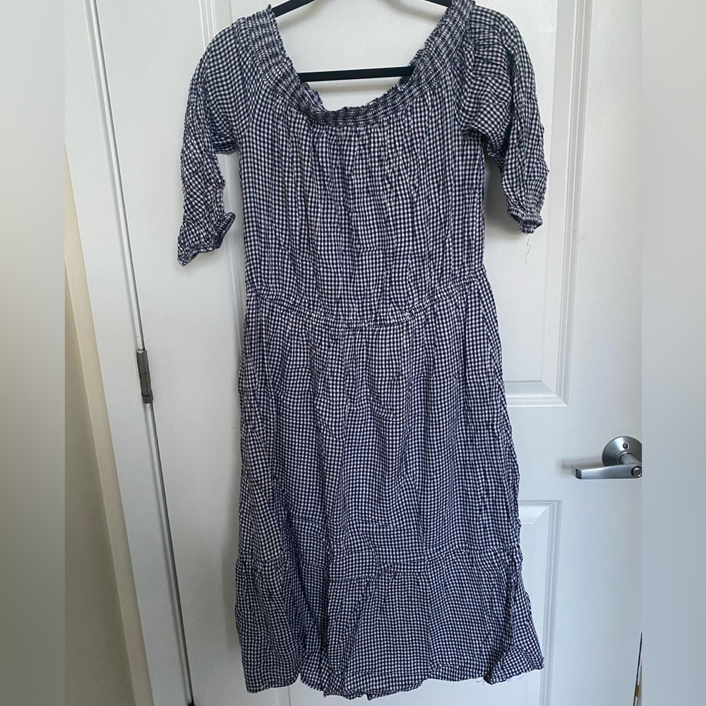 Old Navy Off the Shoulder Navy Gingham Checkered Dress | Size L
